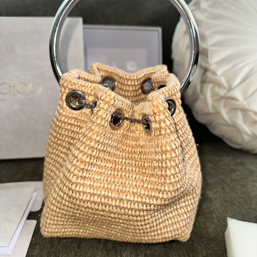 Jimmy Choo Bon Bon Raffia Top Handle Bag-Natural/Tortoiseshell- AUTHENTIC